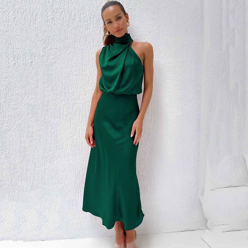 Women's Formal Wedding Guest Dress in Fluid Fabric | High Neck with Soft Sheen, Easy Movement | Size S-5XL, 9 Colors