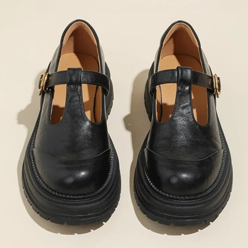 Women's T Strap Ballet Flats with an Adjustable Buckle | Round Toe with Brogue Perforations, Low Heel | Size 5-9.5, 2 Colors