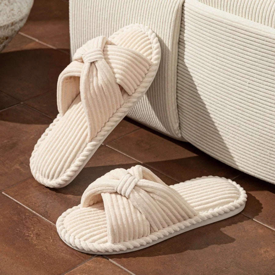 Women's Slide Slippers with a Knotted Bow | Corduroy Open Toe Mules with a Cushioned Insole | Sizes S to 2XL, 5 Colors