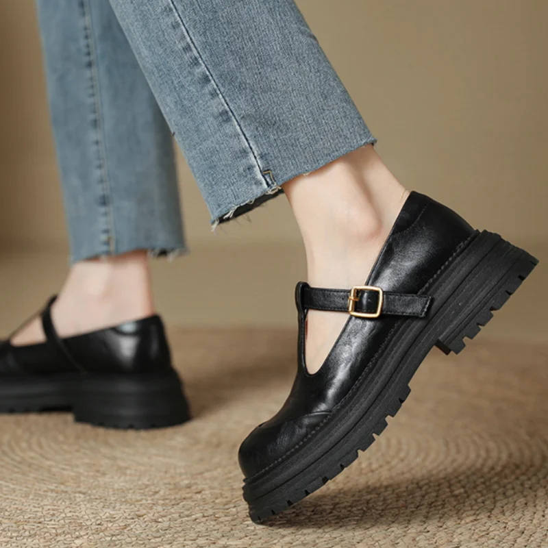 Women's T Strap Ballet Flats with an Adjustable Buckle | Round Toe with Brogue Perforations, Low Heel | Size 5-9.5, 2 Colors