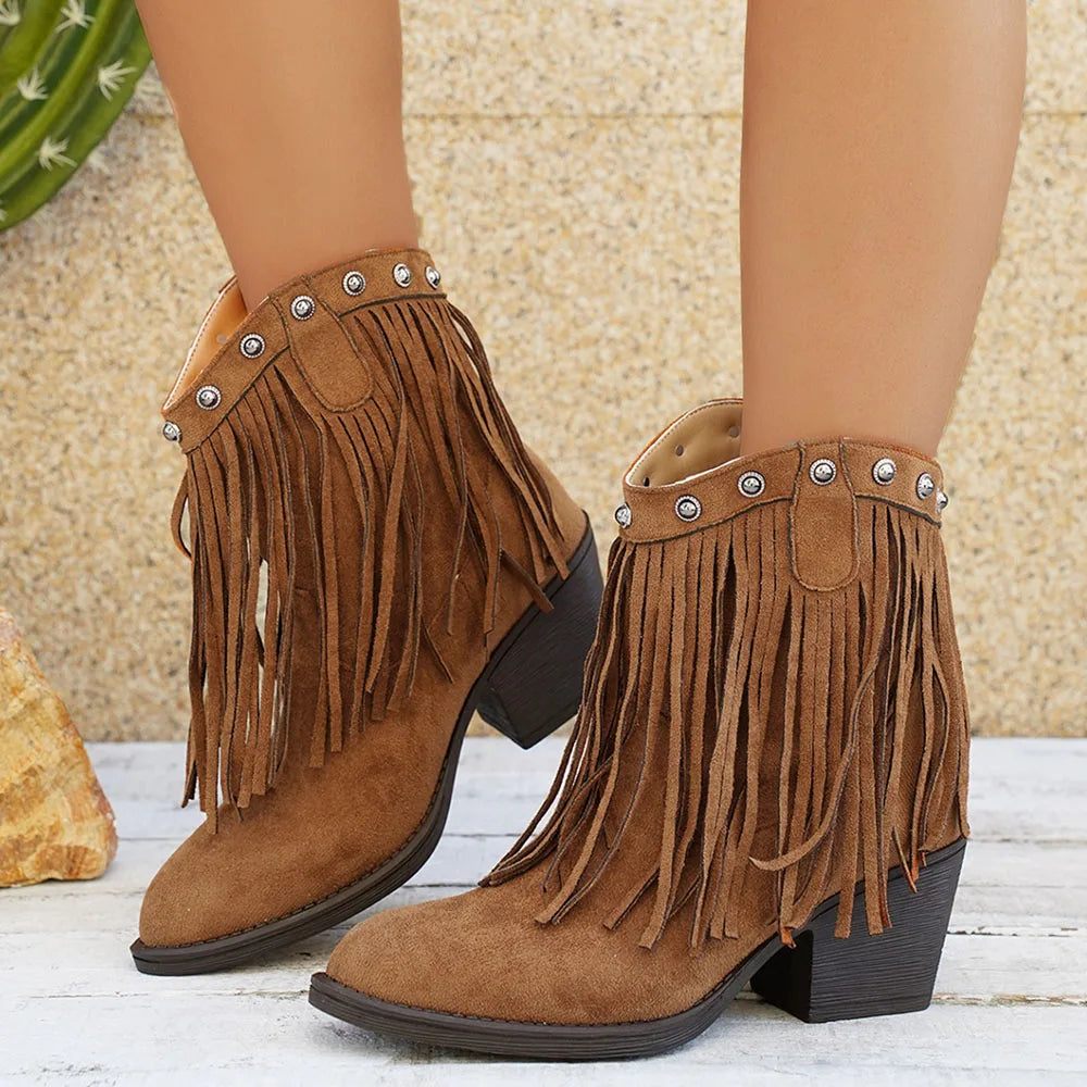 Women's Fringe Cowboy Boots, Knee High Western Style | Wide Calf Shaft with Side Zip | Size 5.5-10.5