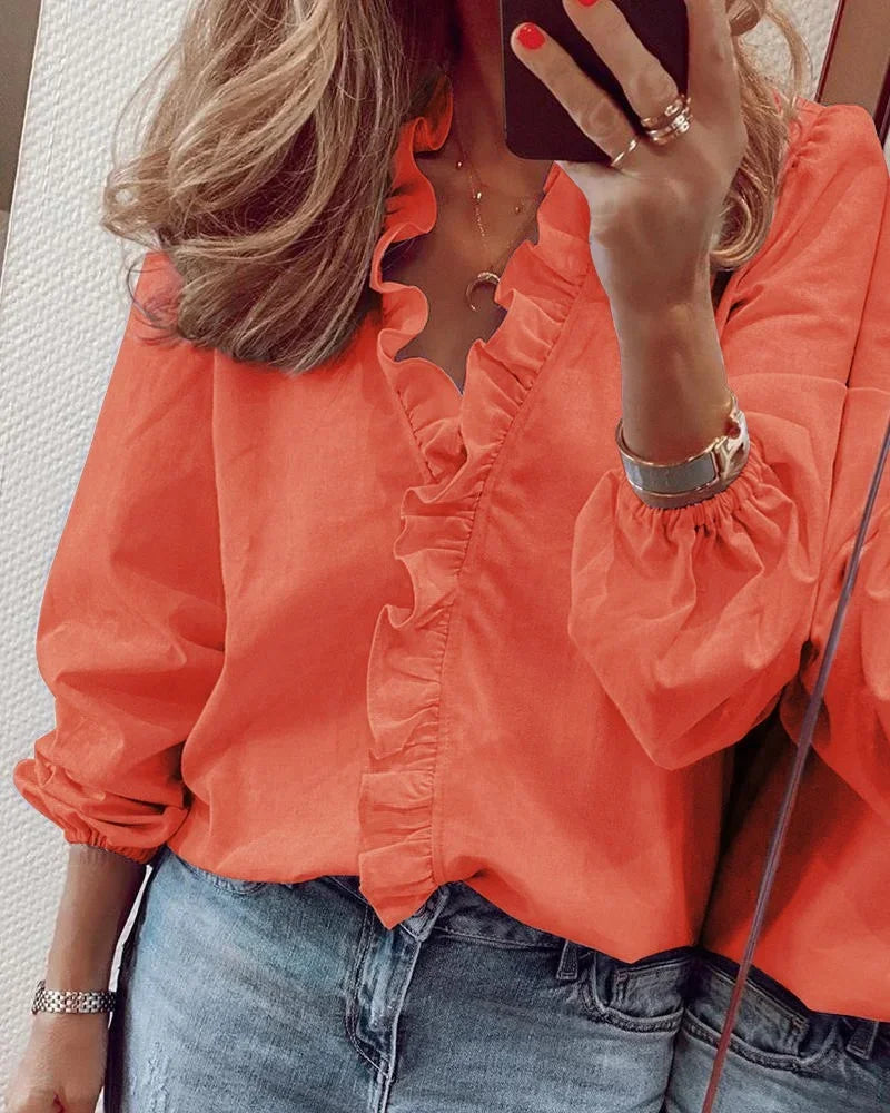 Women's Balloon Sleeve Blouse with a Ruffle Collar | Pleated Volume and Breathable Light Fabric | Size S-5XL, 8 Colors