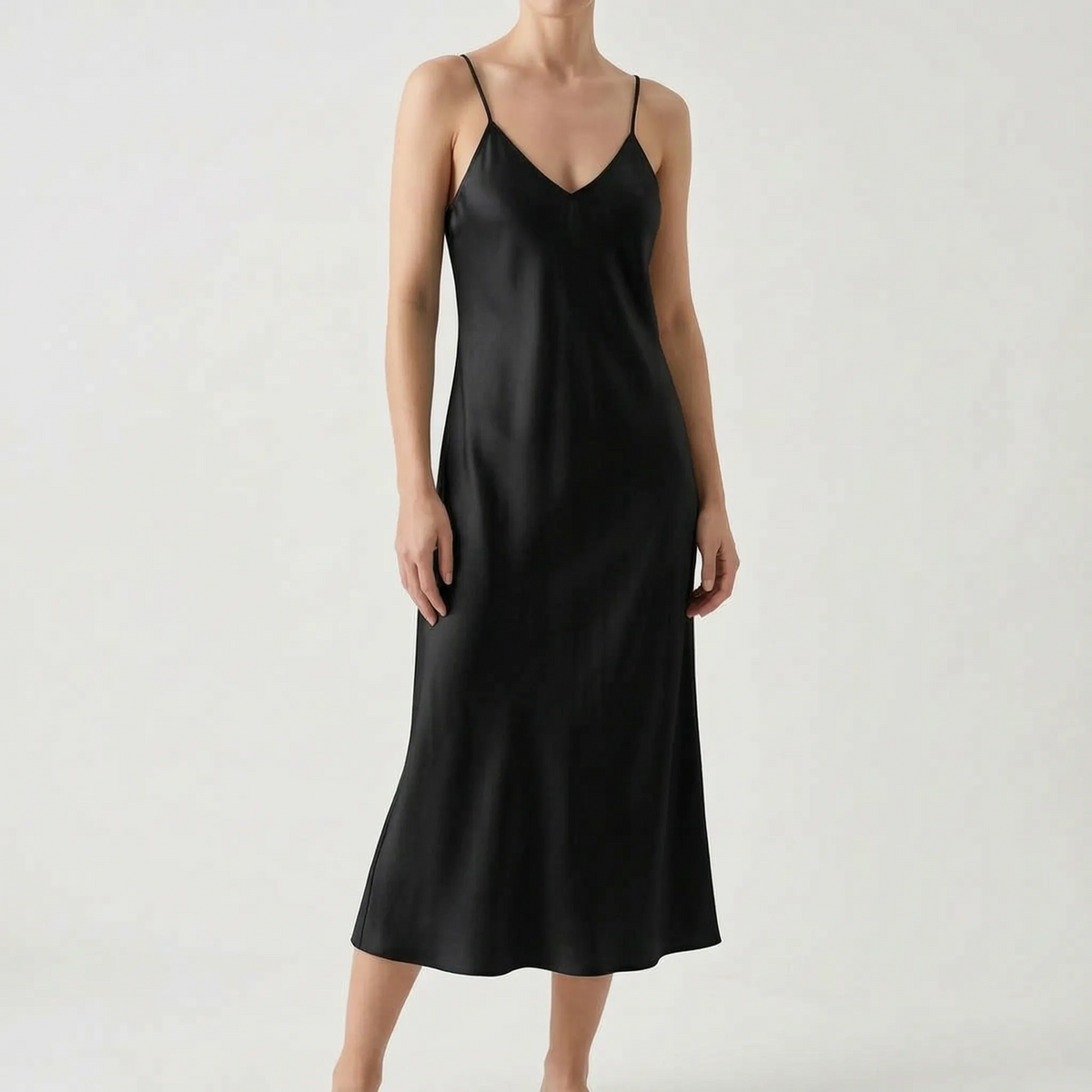 Women's Satin Slip Midi Dress with V Neckline | Thin Shoulder Straps, Bias Cut Skirt | Sizes XS to 3XL, 6 Colors