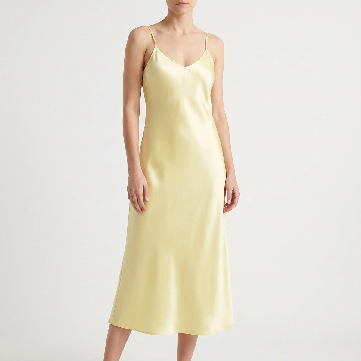 Women's Satin Slip Midi Dress with V Neckline | Thin Shoulder Straps, Bias Cut Skirt | Sizes XS to 3XL, 6 Colors