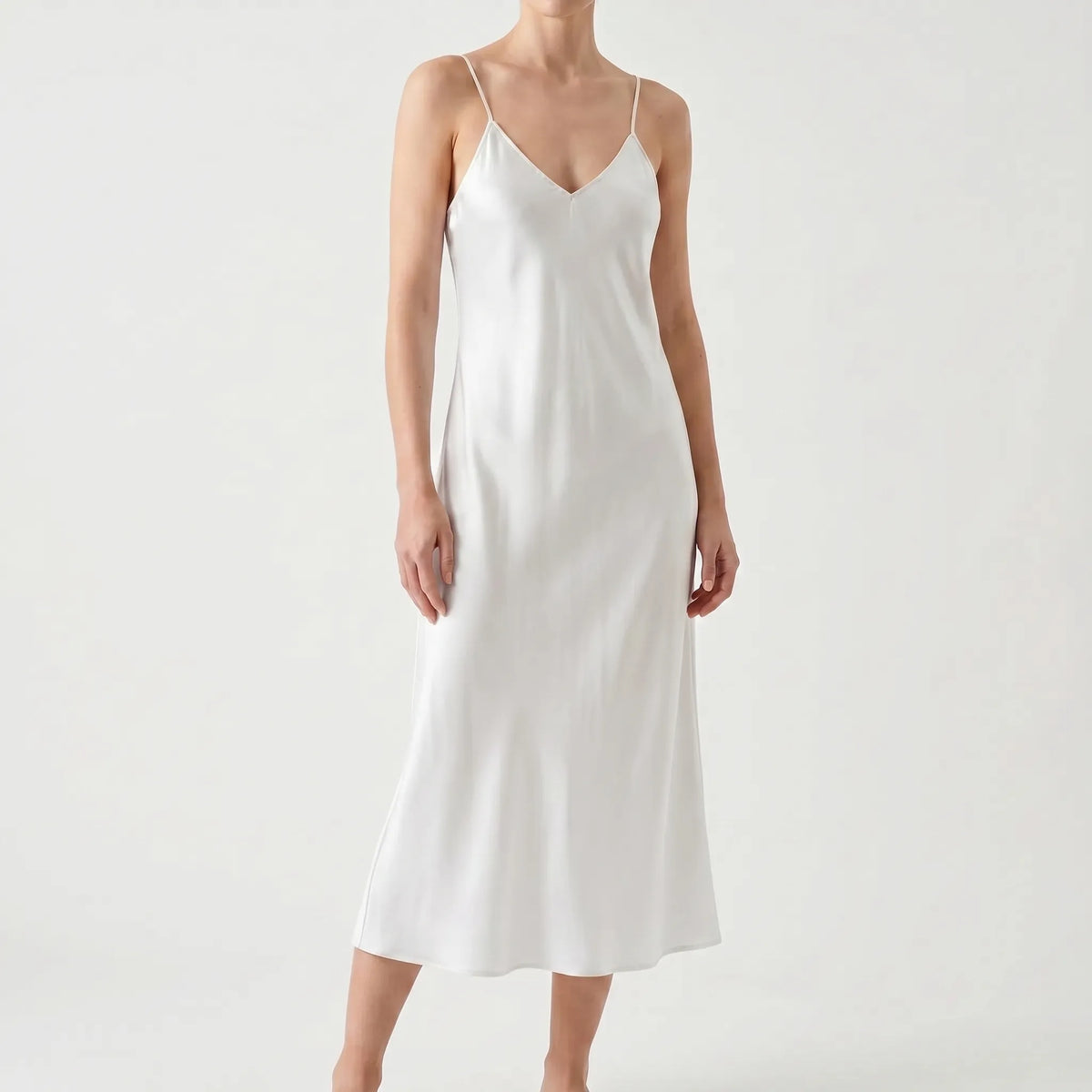 Women's Satin Slip Midi Dress with V Neckline | Thin Shoulder Straps, Bias Cut Skirt | Sizes XS to 3XL, 6 Colors