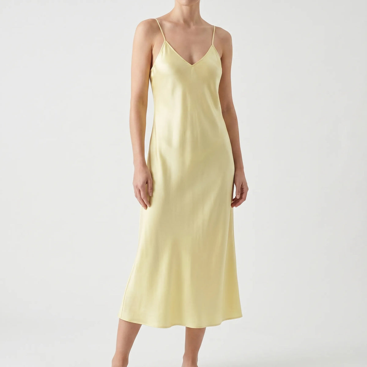 Women's Satin Slip Midi Dress with V Neckline | Thin Shoulder Straps, Bias Cut Skirt | Sizes XS to 3XL, 6 Colors