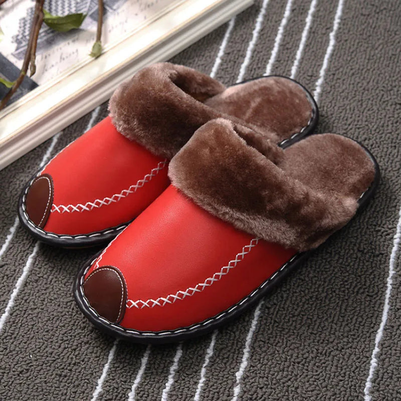 Women's Winter Slippers with a Leather Upper | Closed Toe Mules with a Plush Collar and an Open Back | 7 Colors