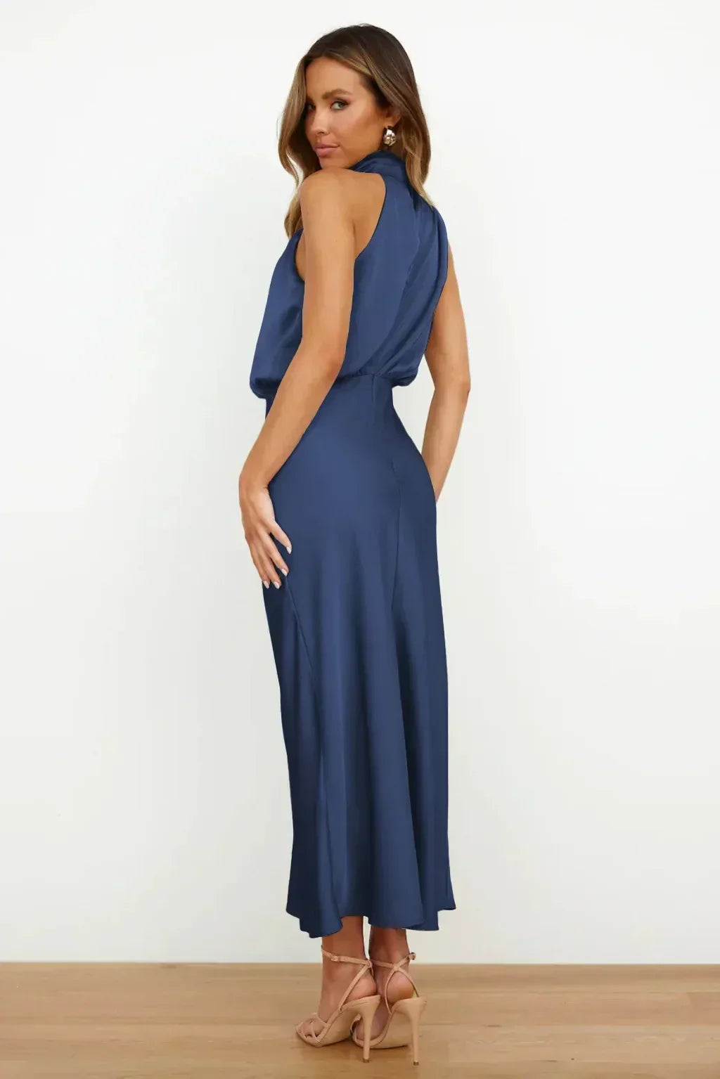 Women's Formal Wedding Guest Dress in Fluid Fabric | High Neck with Soft Sheen, Easy Movement | Size S-5XL, 9 Colors