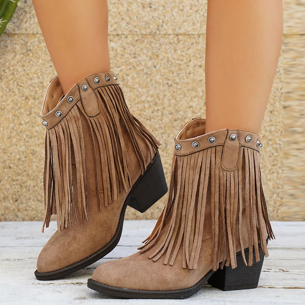 Women's Fringe Cowboy Boots, Knee High Western Style | Wide Calf Shaft with Side Zip | Size 5.5-10.5