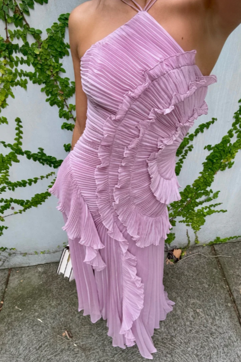 Women's Halter Neck Wedding Guest Dress | Pleated Drape and a Flowing Skirt for Garden Receptions | Size XS-XL