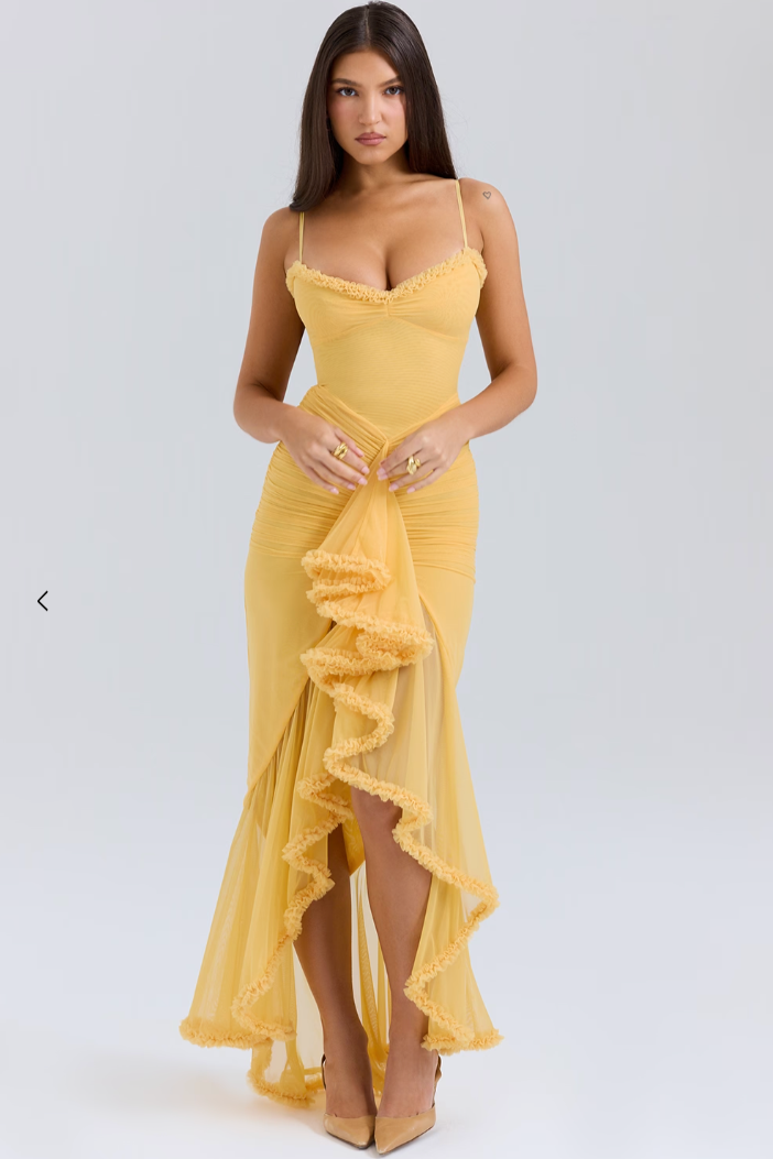 Women's Lace Wedding Guest Dresses with a Draped Waist | Cascading Ruffles and a High Low Hem | Size S-XL, 4 Colors