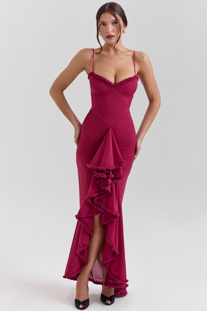 Women's Lace Wedding Guest Dresses with a Draped Waist | Cascading Ruffles and a High Low Hem | Size S-XL, 4 Colors