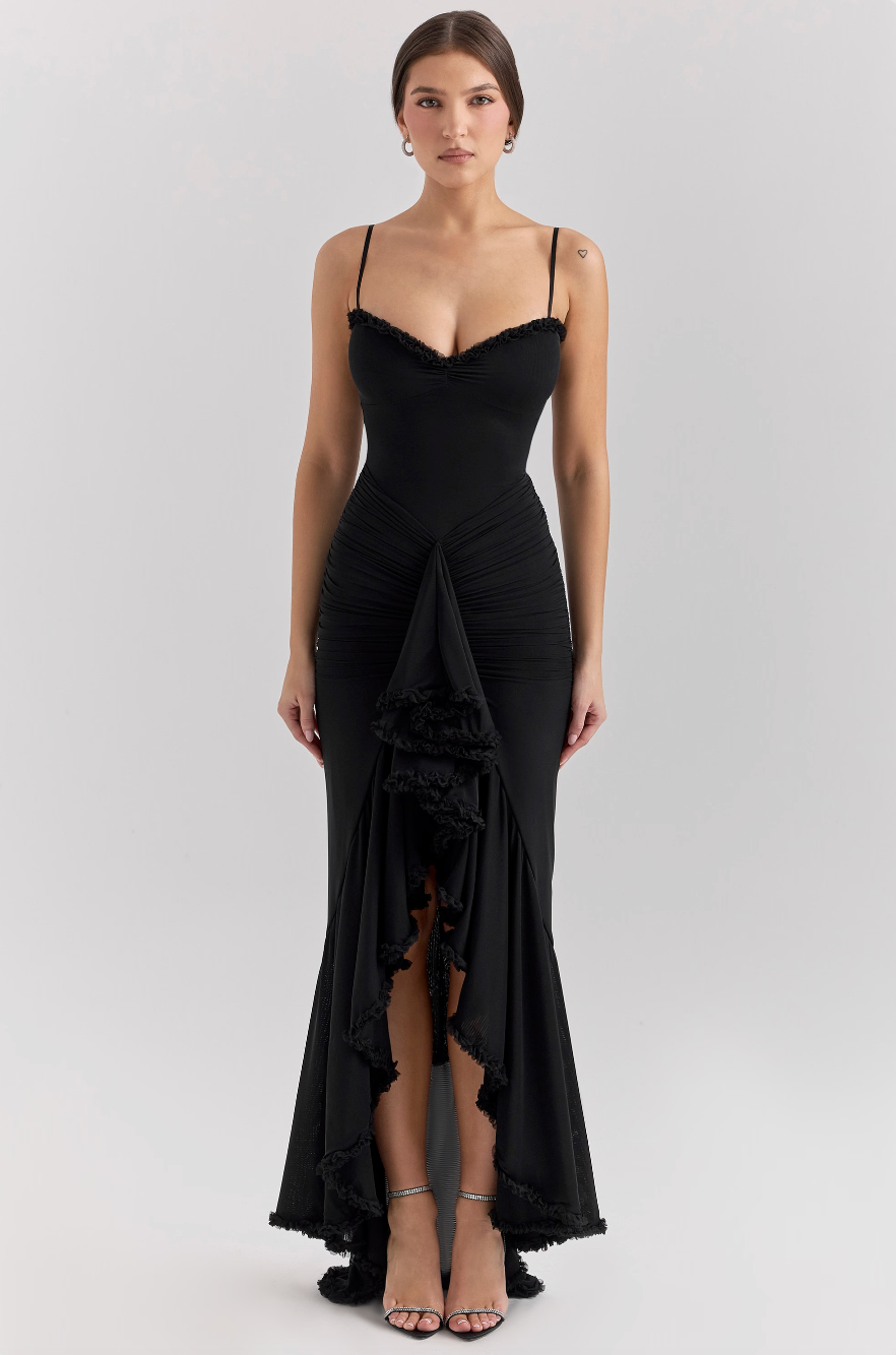 Women's Lace Wedding Guest Dresses with a Draped Waist | Cascading Ruffles and a High Low Hem | Size S-XL, 4 Colors
