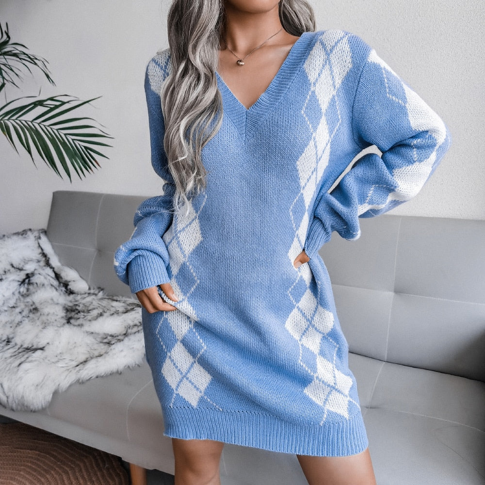 Women's Short Sweater Dress in Argyle Diamond Knit | Deep V Neckline, Ribbed Trims, Long Sleeves | Sizes S-2XL, 3 Colors