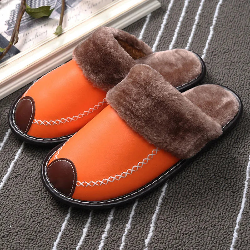 Women's Winter Slippers with a Leather Upper | Closed Toe Mules with a Plush Collar and an Open Back | 7 Colors