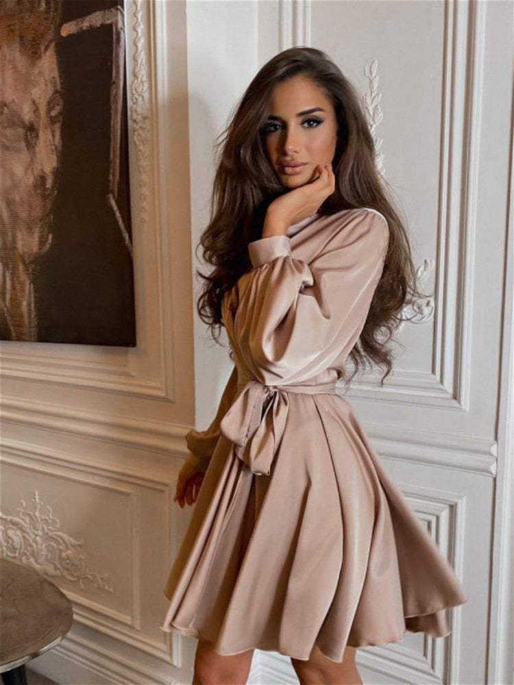 Women's Satin Mini Dress with Balloon Sleeves | Wrap Front, Tie Waist and Ruffled Hem | Sizes S to 2XL, 4 Colors