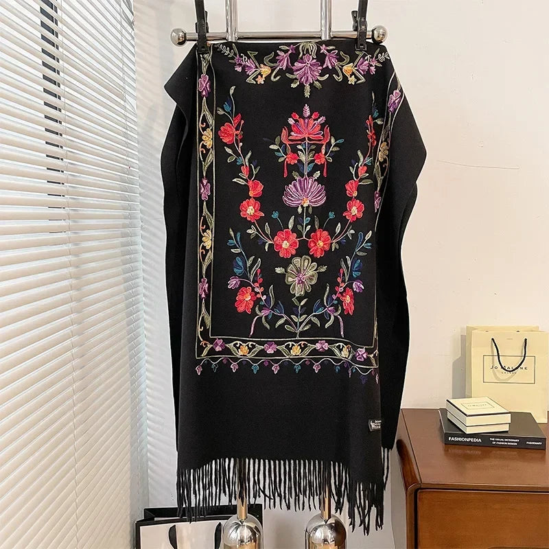 Women's Oversized Cashmere Wool Scarf | Floral Print with Fringed Edges | Winter Wrap in 6 Colors