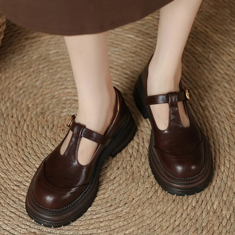 Women's T Strap Ballet Flats with an Adjustable Buckle | Round Toe with Brogue Perforations, Low Heel | Size 5-9.5, 2 Colors