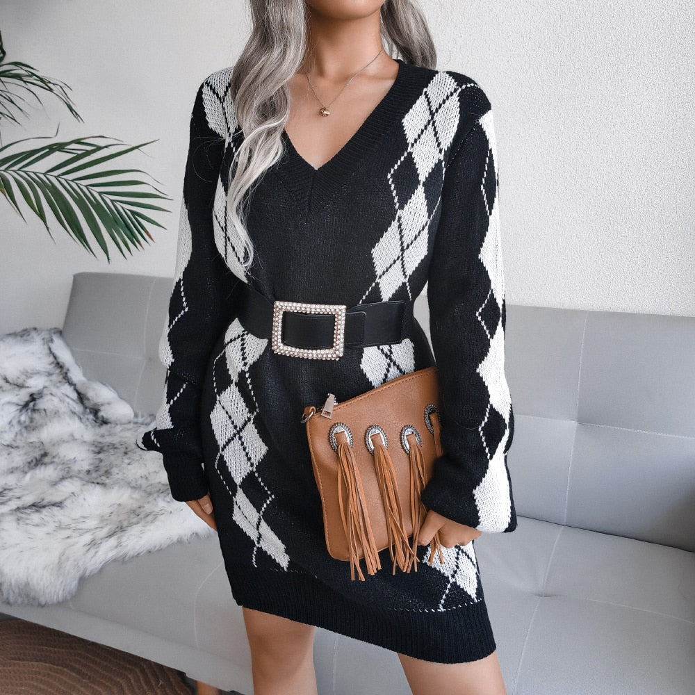 Women's Short Sweater Dress in Argyle Diamond Knit | Deep V Neckline, Ribbed Trims, Long Sleeves | Sizes S-2XL, 3 Colors