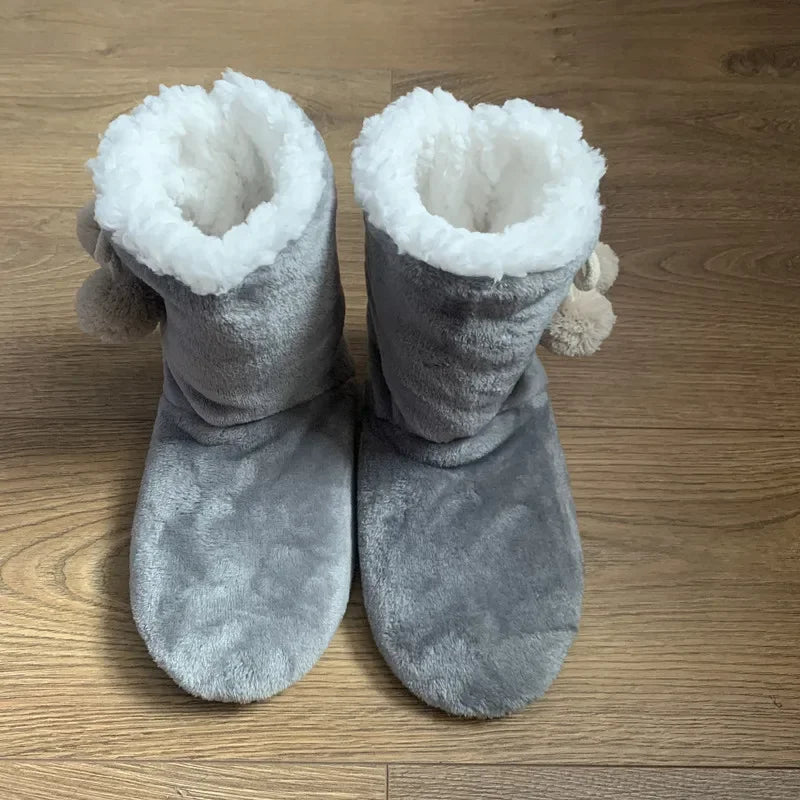 Women's Pom Pom Slipper Boots | Plush Lined Winter Slippers with Folded Ankle Cuffs and Side Ties | 4 Colors