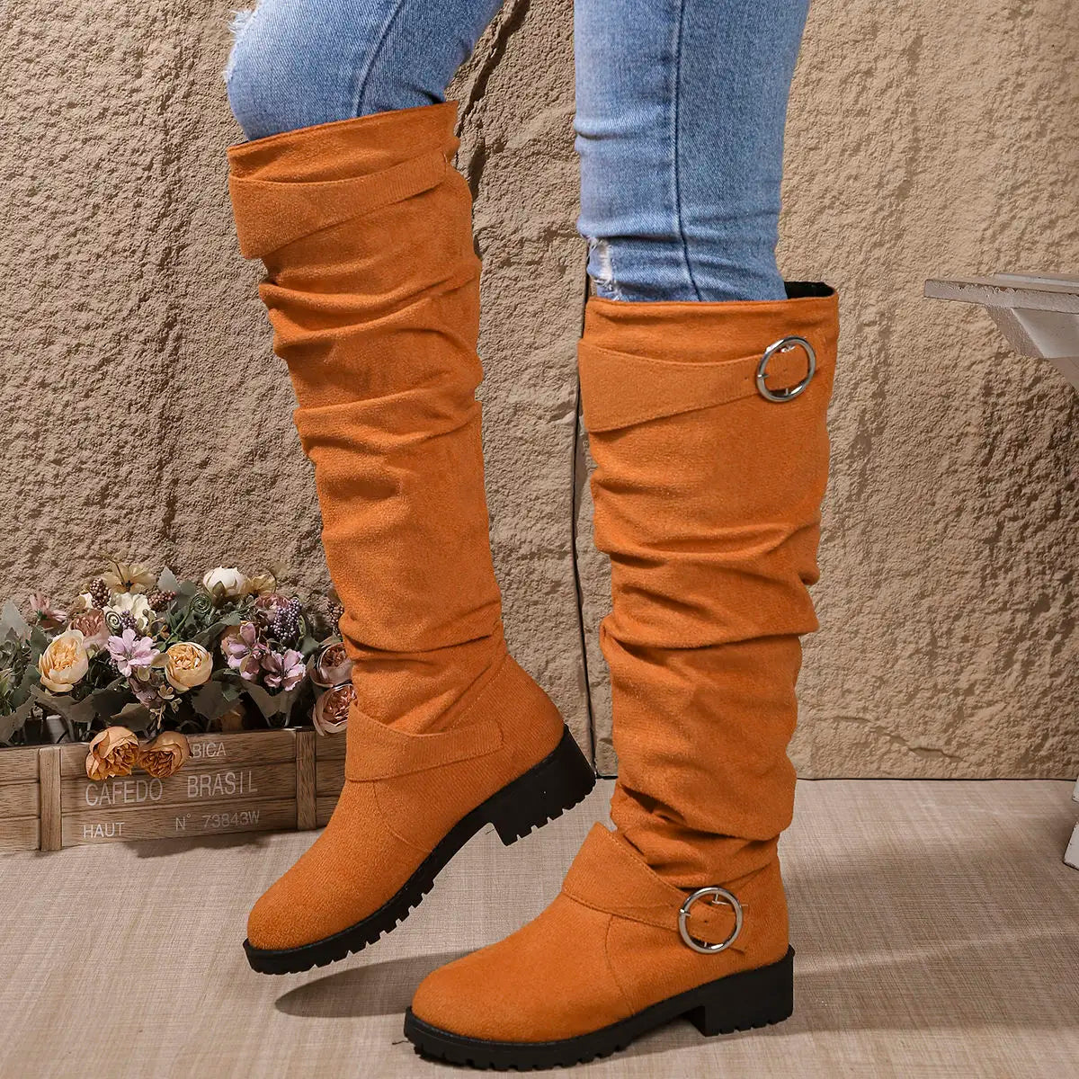 Women's Knee High Boots with a Slouchy Shaft | Buckle Accents, Block Sole, 18.5 Inch Height | 6 Colors