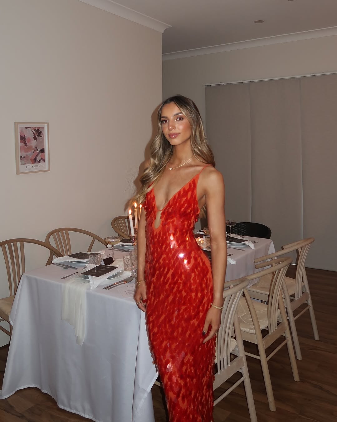 Women's Red Sequin Evening Dress with an Open Back | Light Fabric in a Fitted, Fluid Line | Size S-L