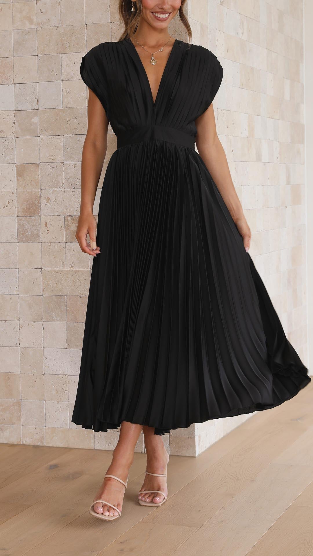 Women's Pleated Maxi Dress with a Draped V Neck | High Waist and Airy Lightweight Fabric | Size S-XL, 4 Colors