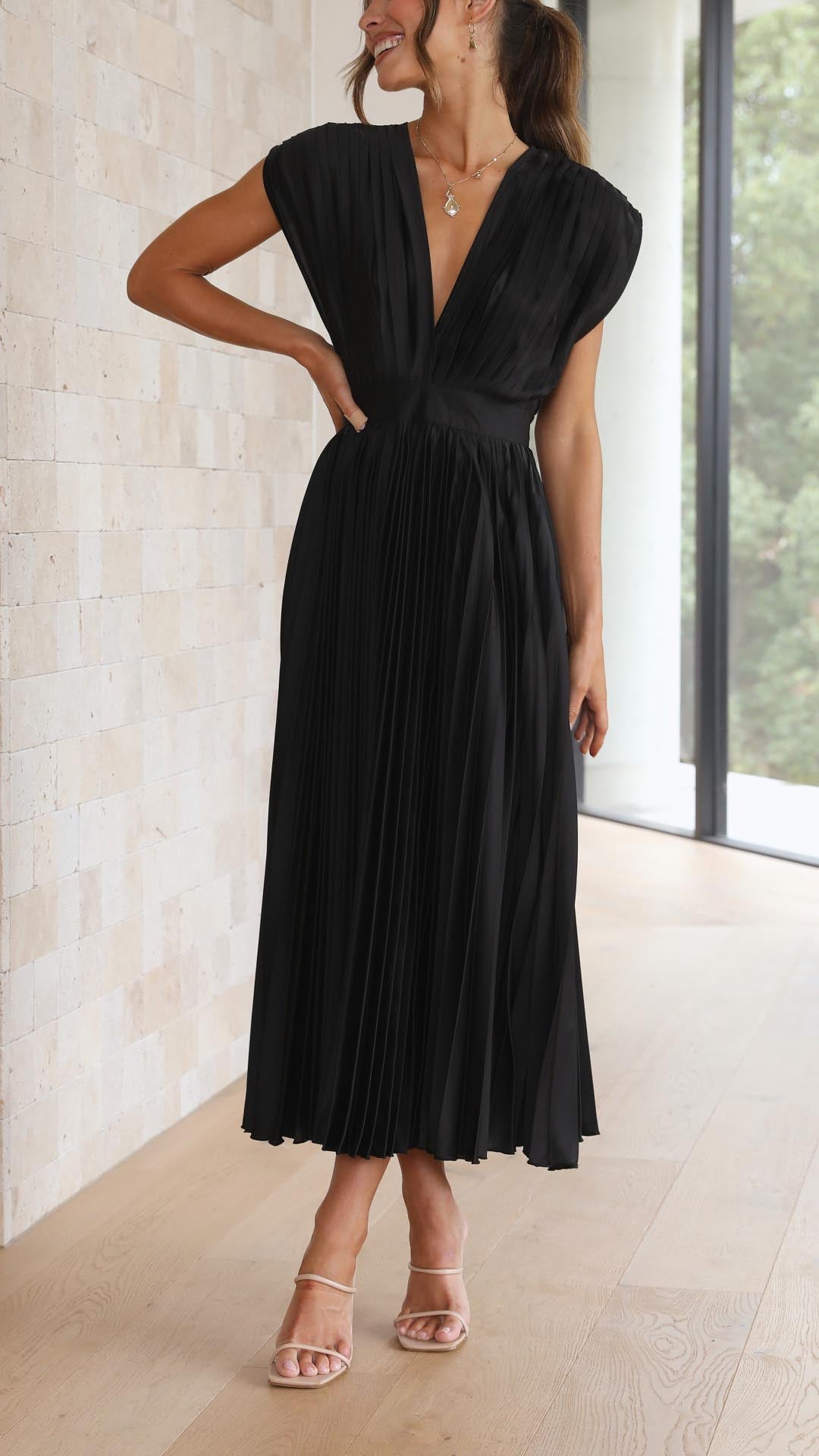 Women's Pleated Maxi Dress with a Draped V Neck | High Waist and Airy Lightweight Fabric | Size S-XL, 4 Colors