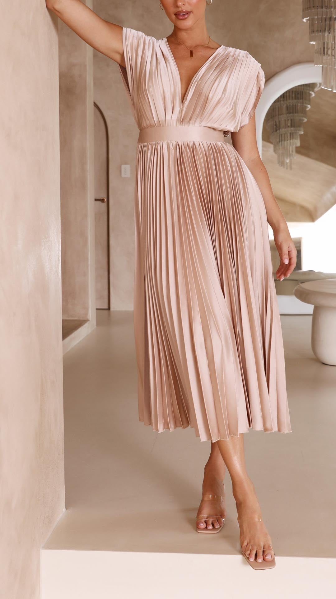 Women's Pleated Maxi Dress with a Draped V Neck | High Waist and Airy Lightweight Fabric | Size S-XL, 4 Colors