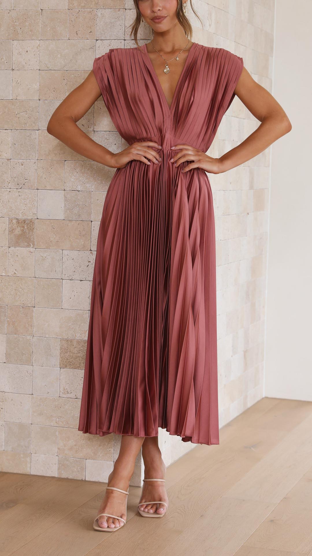 Women's Pleated Maxi Dress with a Draped V Neck | High Waist and Airy Lightweight Fabric | Size S-XL, 4 Colors