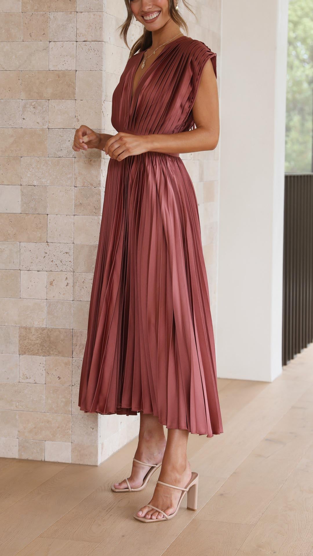 Women's Pleated Maxi Dress with a Draped V Neck | High Waist and Airy Lightweight Fabric | Size S-XL, 4 Colors