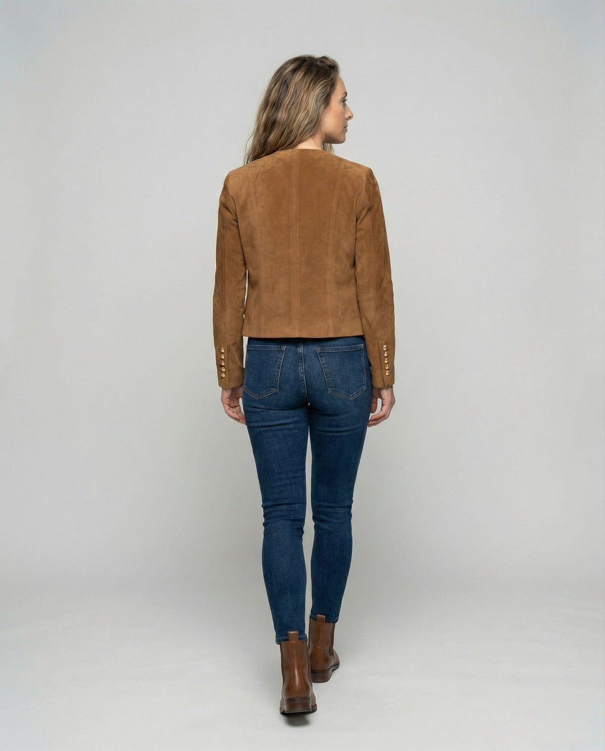 Women's Tan Suede-Look Jacket with Gold Buttons | Collarless, Fitted Waist, Hip Length, Soft Velvety Feel | Size S-2XL