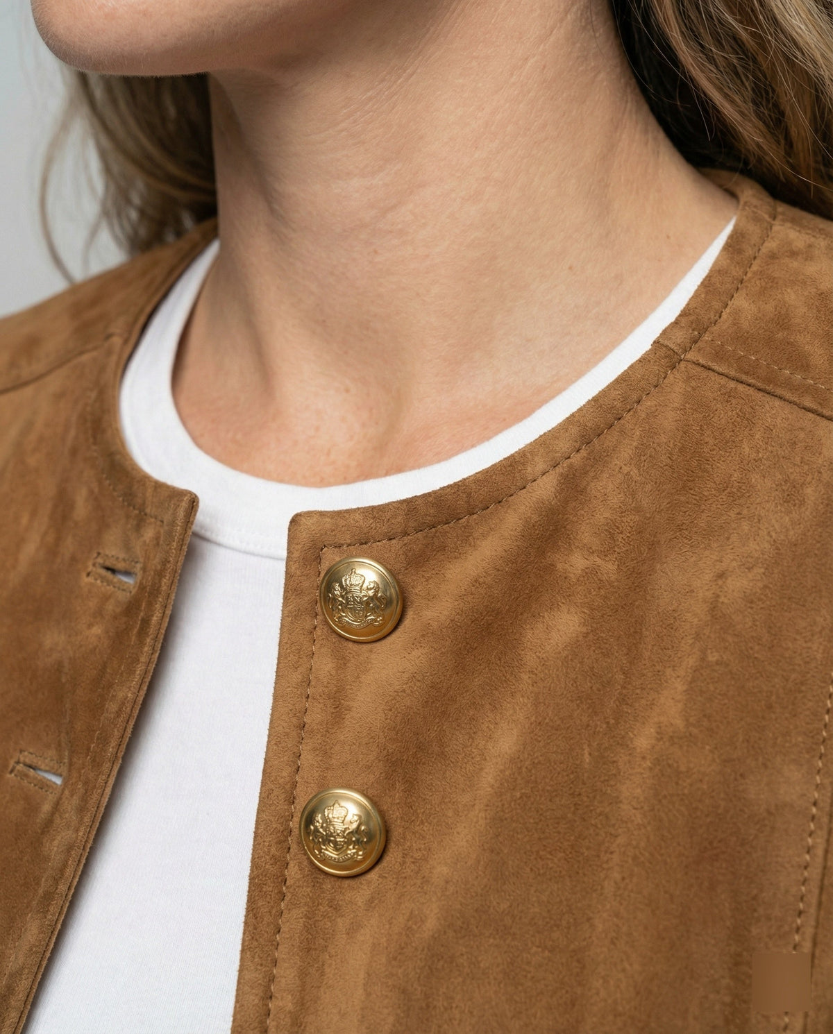Women's Tan Suede-Look Jacket with Gold Buttons | Collarless, Fitted Waist, Hip Length, Soft Velvety Feel | Size S-2XL