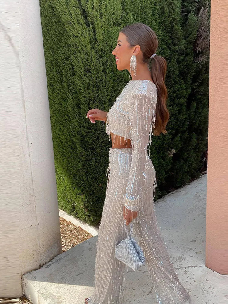 Women's Sequin Two Piece Set with Fringe Detail | Cropped Long Sleeve Top, High Waist Pants | Sizes S to L, 3 Colors