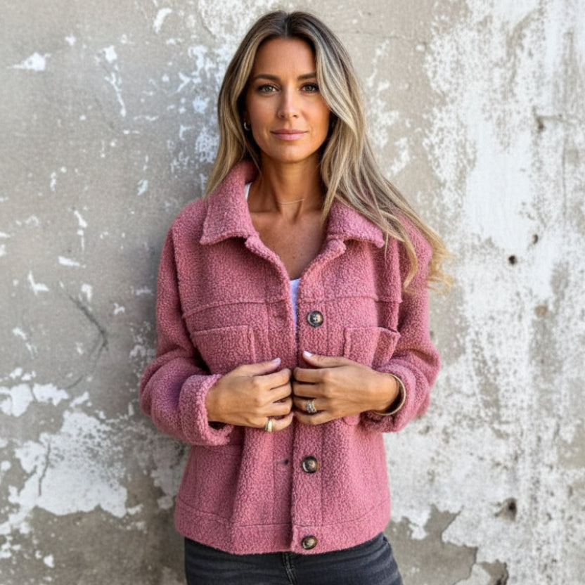 Women's Teddy Fleece Shacket with Collar and Chest Pockets | Relaxed Fit Jacket, Contrast Buttons | Size S-5XL