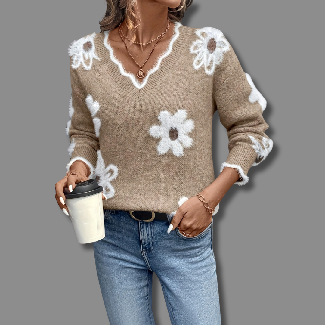 Women's V Neck Pullover Sweater with Floral Pattern | Soft, Gentle-on-Skin Jumper, Machine Washable | Size S-2XL