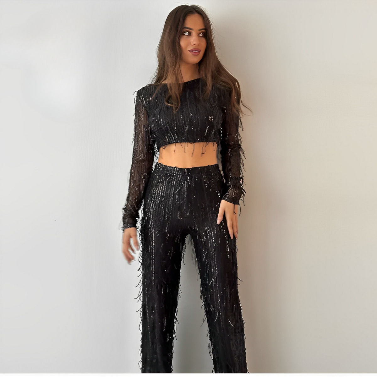 Women's Sequin Two Piece Set with Fringe Detail | Cropped Long Sleeve Top, High Waist Pants | Sizes S to L, 3 Colors