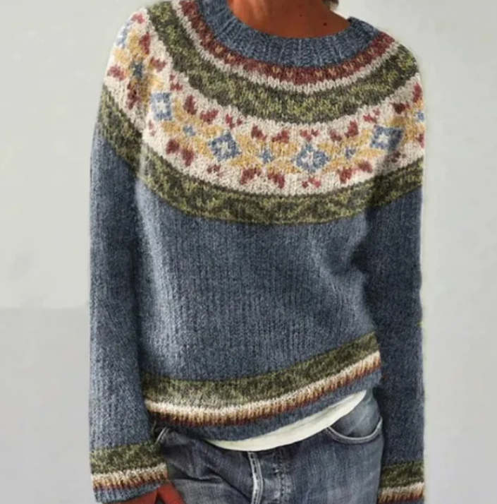 Women's Nordic Stripe Knit Pullover Sweater | Colorful Yoke Banding, Boat Neckline, Relaxed Fit | Sizes S-5XL