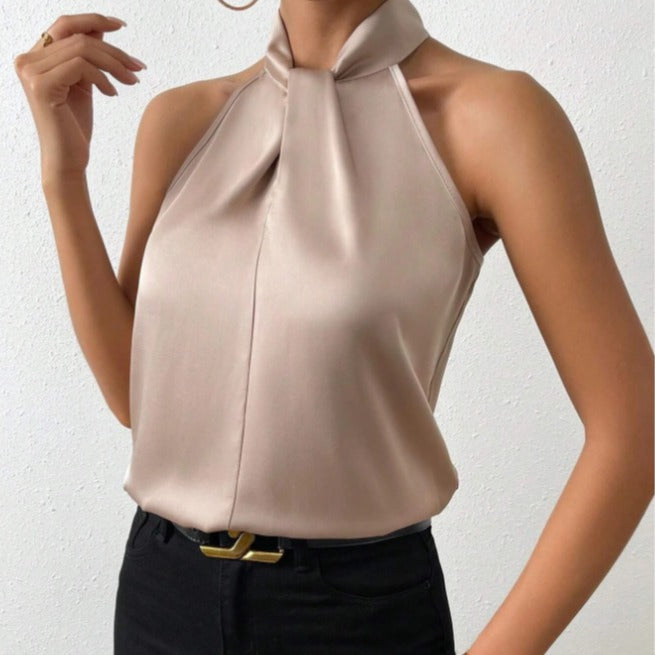 Women's Satin Halter Top with Knotted High Neck | Sleeveless, Fluid Drape from Day to Evening | Sizes S to XL, 19 Colors