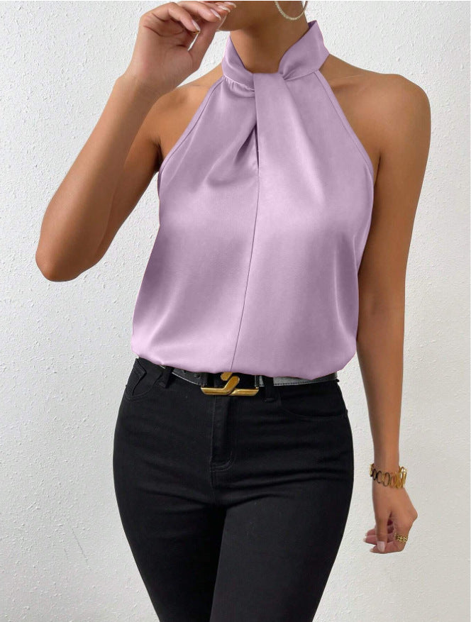 Women's Satin Halter Top with Knotted High Neck | Sleeveless, Fluid Drape from Day to Evening | Sizes S to XL, 19 Colors