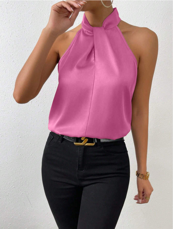 Women's Satin Halter Top with Knotted High Neck | Sleeveless, Fluid Drape from Day to Evening | Sizes S to XL, 19 Colors