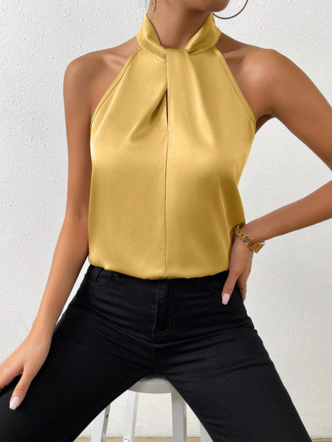 Women's Satin Halter Top with Knotted High Neck | Sleeveless, Fluid Drape from Day to Evening | Sizes S to XL, 19 Colors