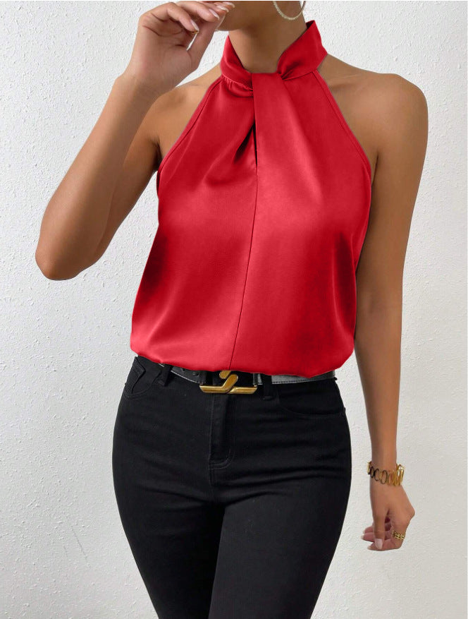 Women's Satin Halter Top with Knotted High Neck | Sleeveless, Fluid Drape from Day to Evening | Sizes S to XL, 19 Colors