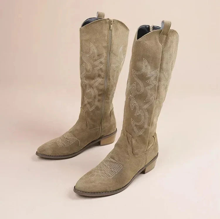 Women's Cowgirl Boots with an Embroidered Knee High Shaft | Pointed Toe, Pull On Fit | 3 Colors