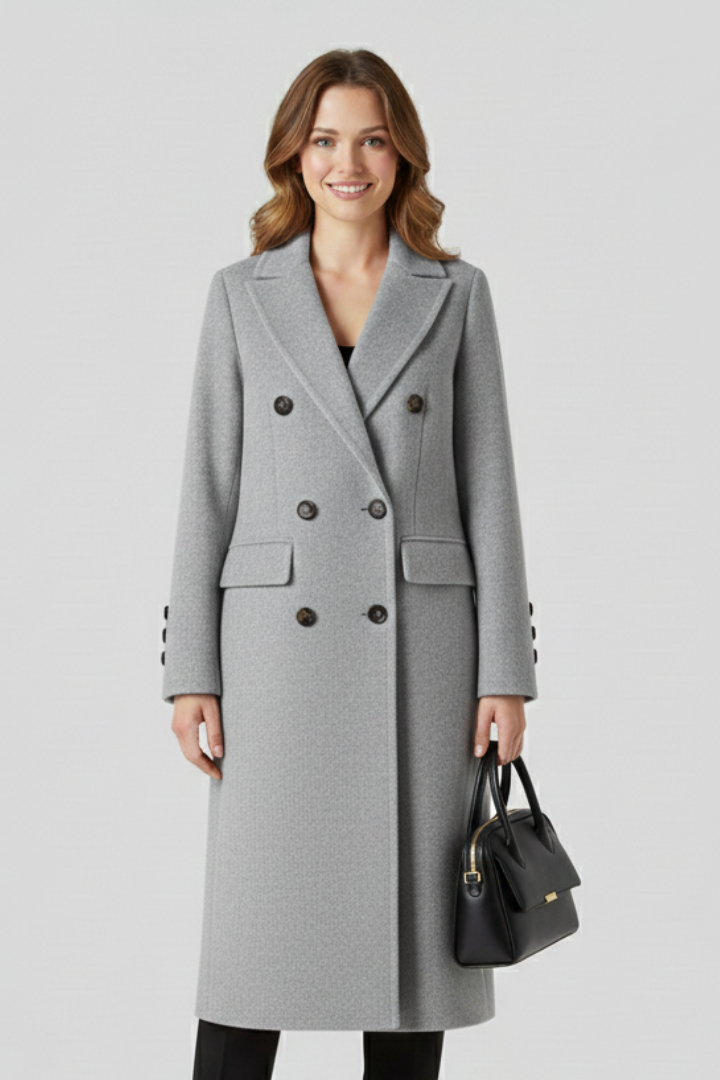 Women's Long Double Breasted Coat with Notched Lapels and Flap Pockets | Winter Overcoat with Button Cuffs | Size S-3XL