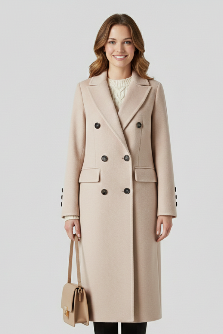 Women's Long Double Breasted Coat with Notched Lapels and Flap Pockets | Winter Overcoat with Button Cuffs | Size S-3XL