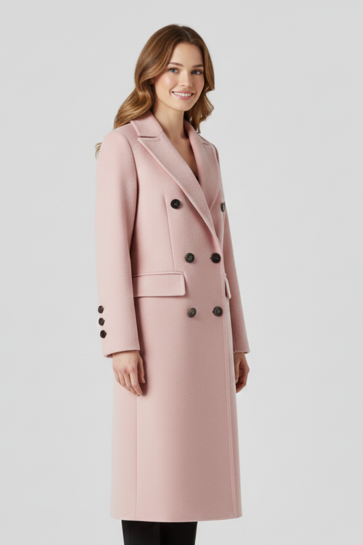 Women's Long Double Breasted Coat with Notched Lapels and Flap Pockets | Winter Overcoat with Button Cuffs | Size S-3XL