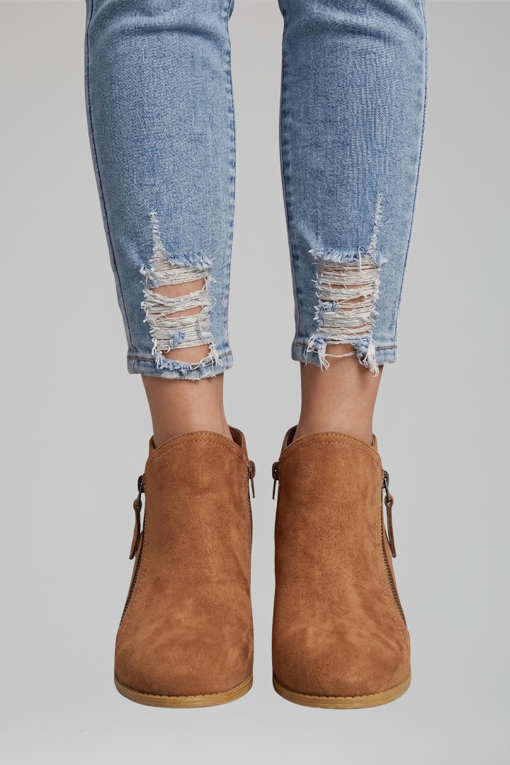 Women's Fall Ankle Boots with Low Block Heel and Side Zipper | Round Toe Booties with Textured Upper and Pull Tab | Size 6-11