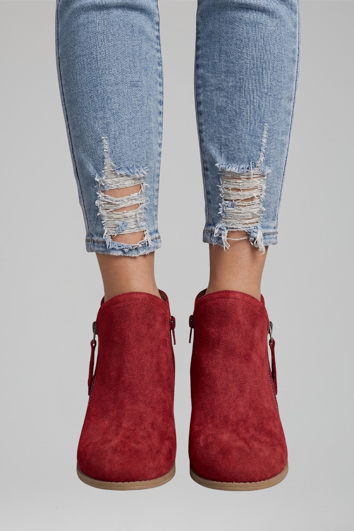 Women's Fall Ankle Boots with Low Block Heel and Side Zipper | Round Toe Booties with Textured Upper and Pull Tab | Size 6-11
