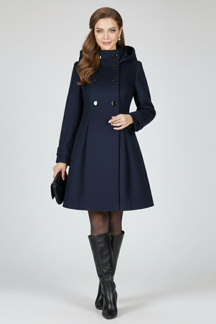 Women's Hooded A-Line Coat with Double Button Front and Flap Pockets | Knee Length Winter Outerwear | Size S-3XL